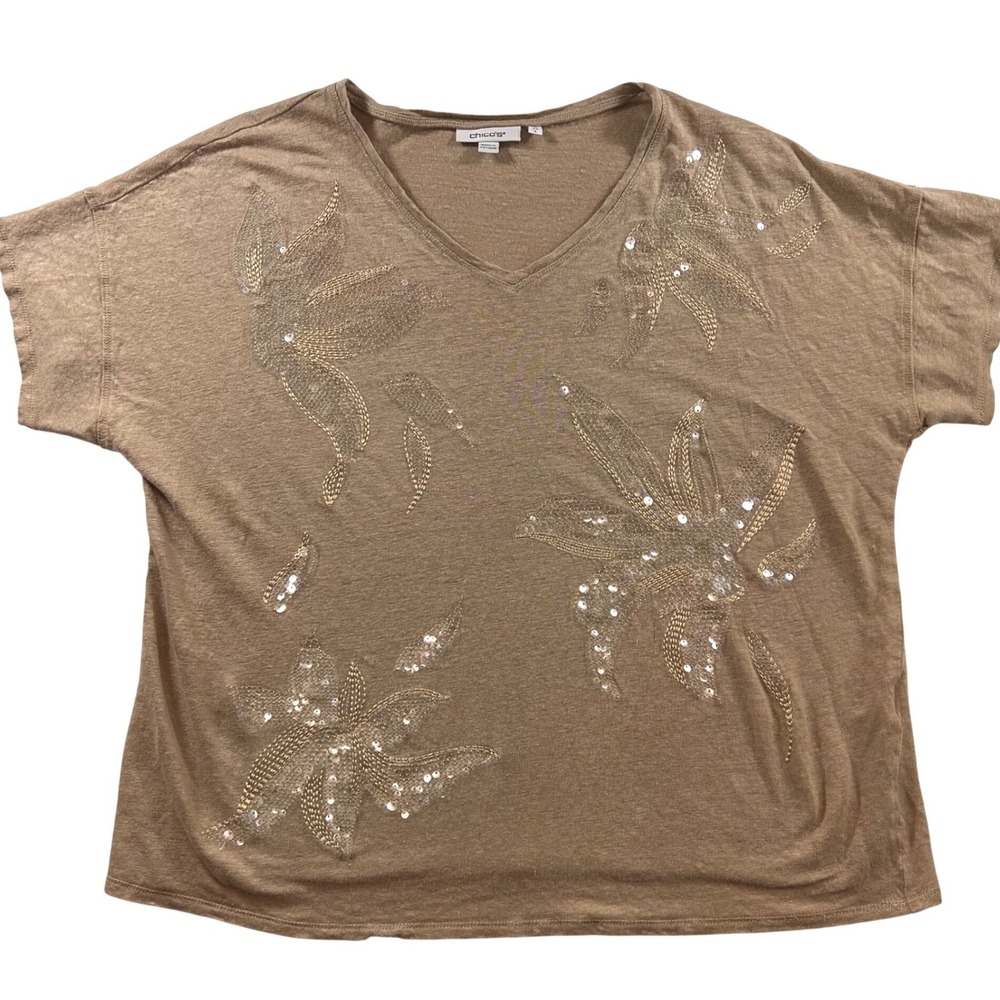 Chicos Womens Tan 100% Linen Sequin Floral Embroidered V-Neck Top Size 2 Large